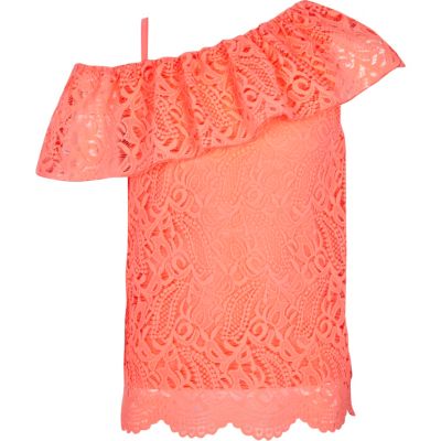 Girls pink lace one shoulder top